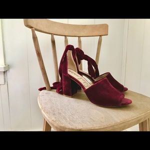 Red velvet chunky heels